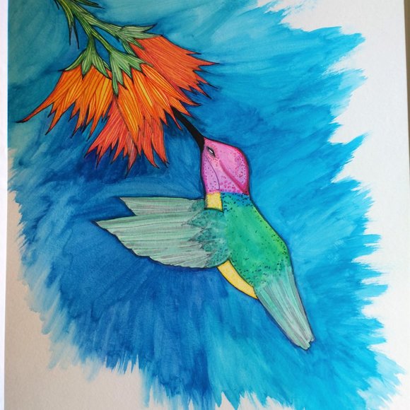 Painting Hummingbird and Flowers Watercolors Ink - Picture 6 of 16